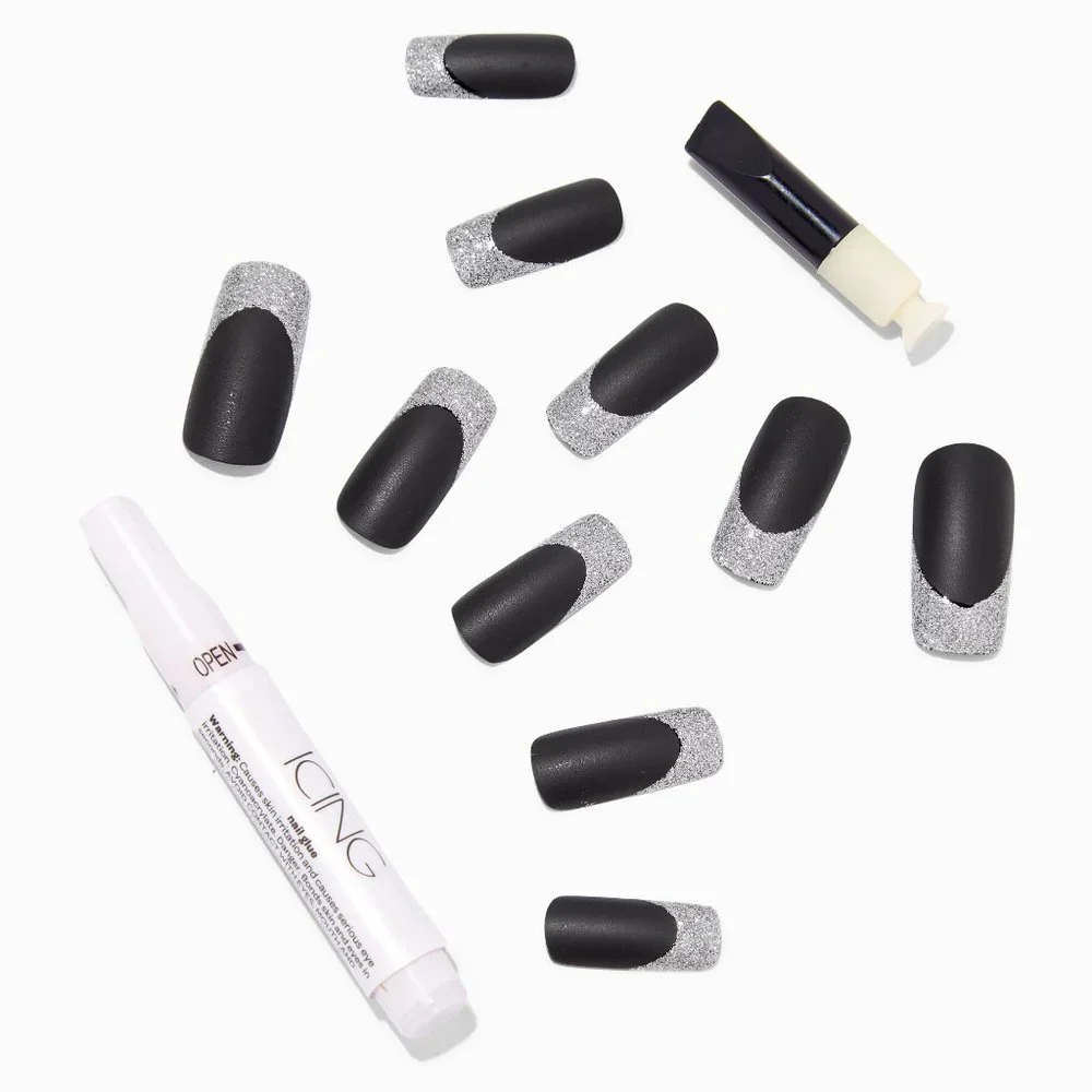NEW SILVER GLITTER TIP BLACK LONG SQUARE VEGAN FAUX NAIL SET - 24 PACK